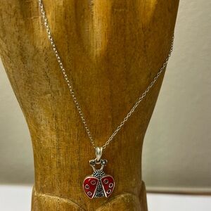 Sterling Silver Marcasite Red Enamel Open Wing Ladybug Pendant W/Chain 18”